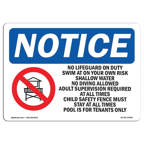 Signmission OSHA Notice Sign, 10" H, Rigid Plastic, No Lifeguard On Duty Swim At Sign With Symbol, Landscape OS-NS-P-1014-L-14680 - main
